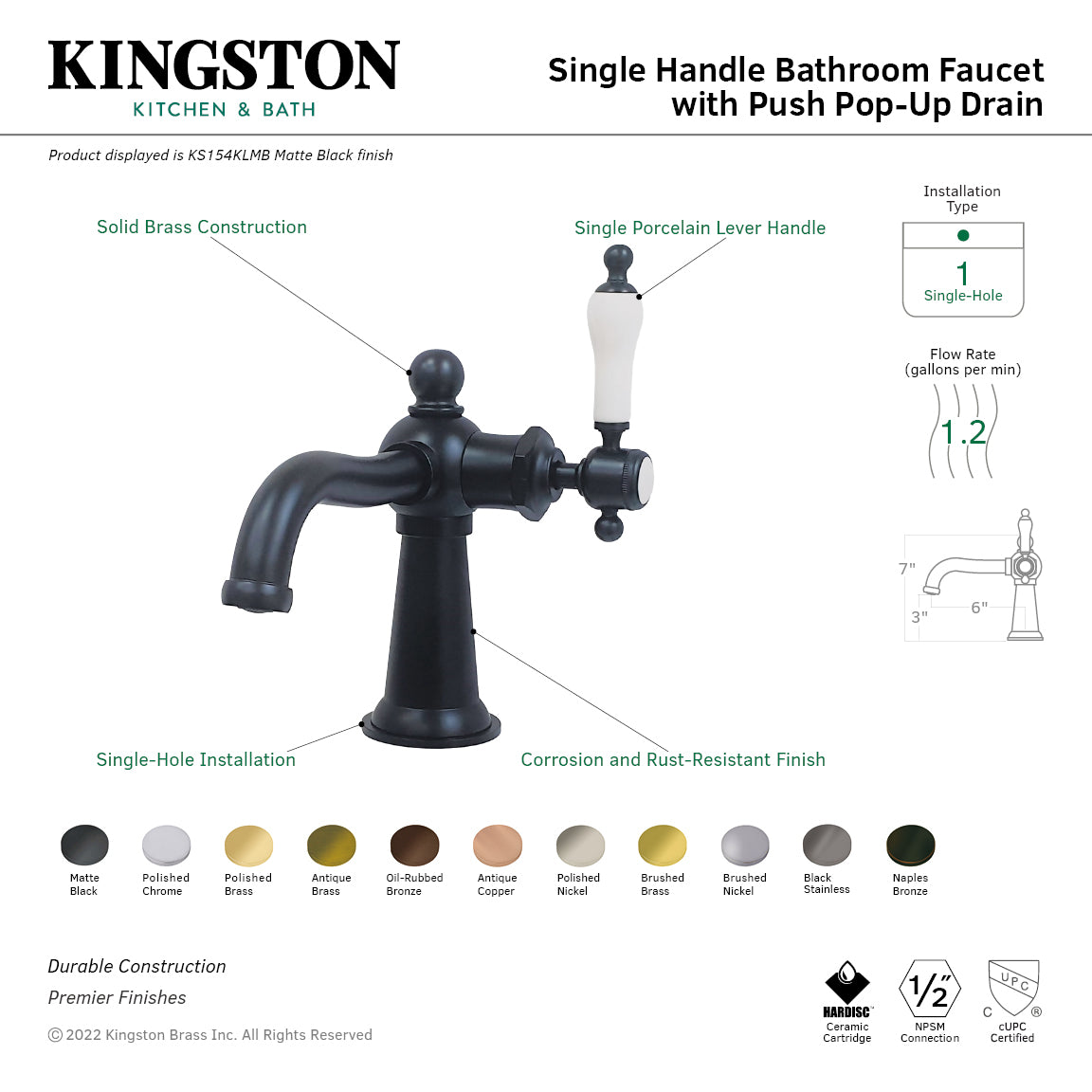 Kingston Heirloom KS154KLMB - Nautical One-Handle 1-Hole Bathroom Faucet with Push Pop-Up Drain, Matte Black — image 1